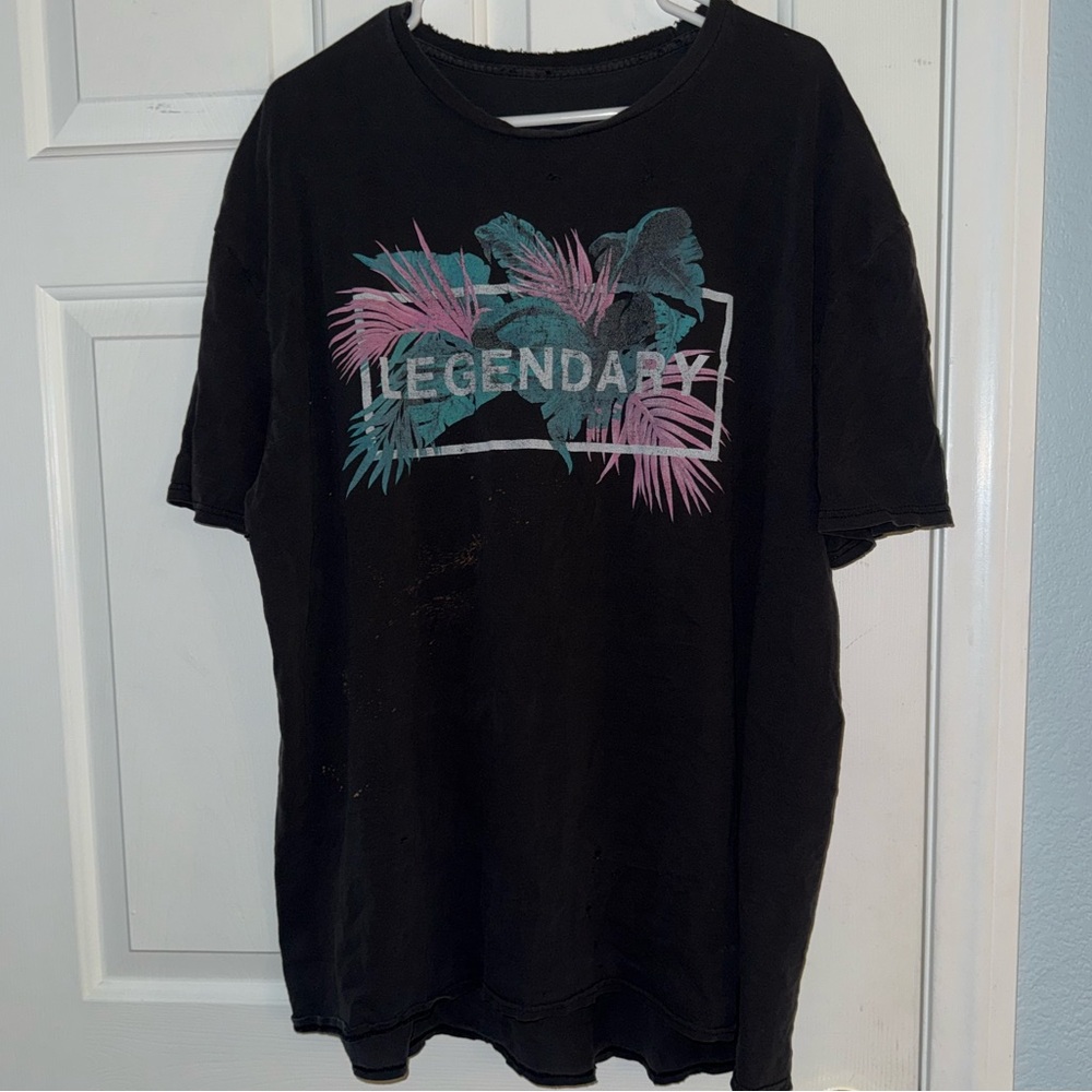 Distressed Black Graphic T-Shirt with Tropical Graphic Print Front & Back